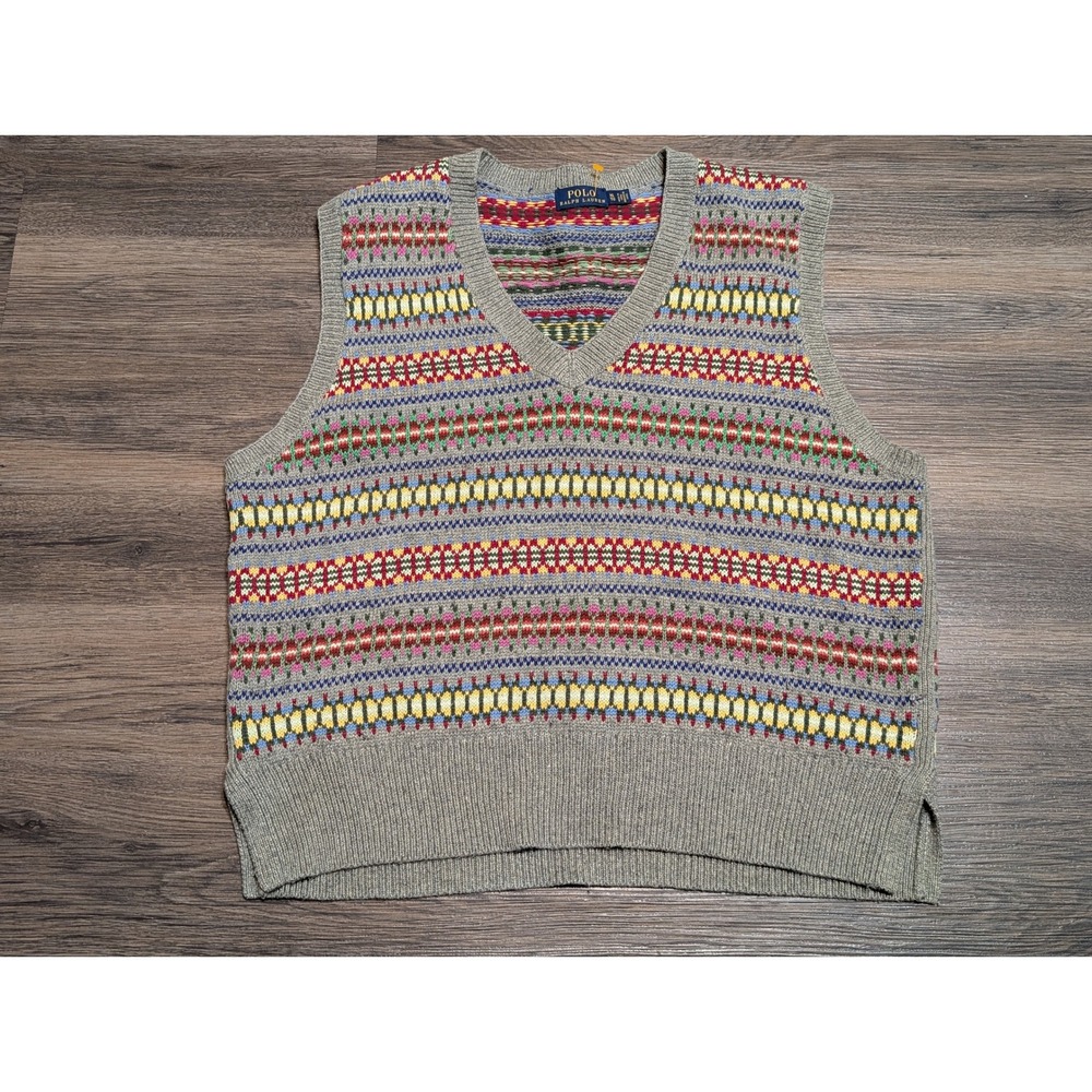 Polo Ralph Lauren Womens XL Fair Isle Knit Sweater Vest Gray Multi V-Neck Ribbed
